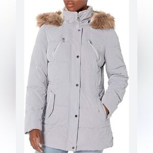 NWOT Nautica Women's Light Dusty Blue Fur-Trimmed Parka Puffer Jacket Medium